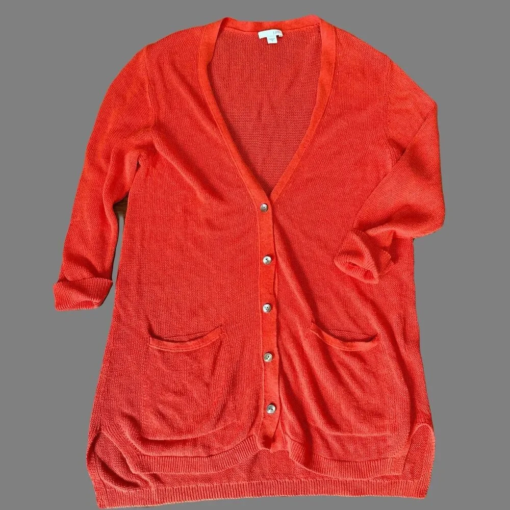 J. Jill Linen Blend Long Cardigan Tunic Sweater Button‎ Size M Orange Open Knit